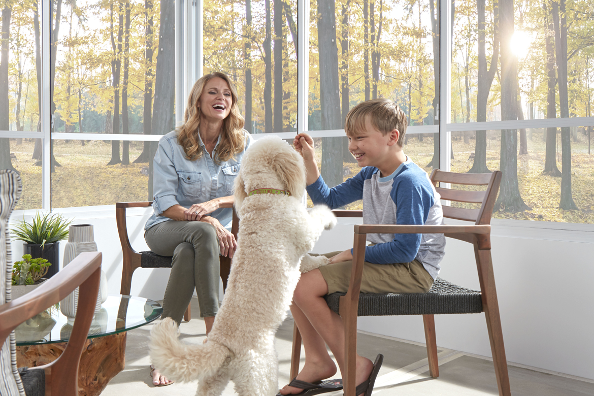 A mother and son play with their dog in their three season room