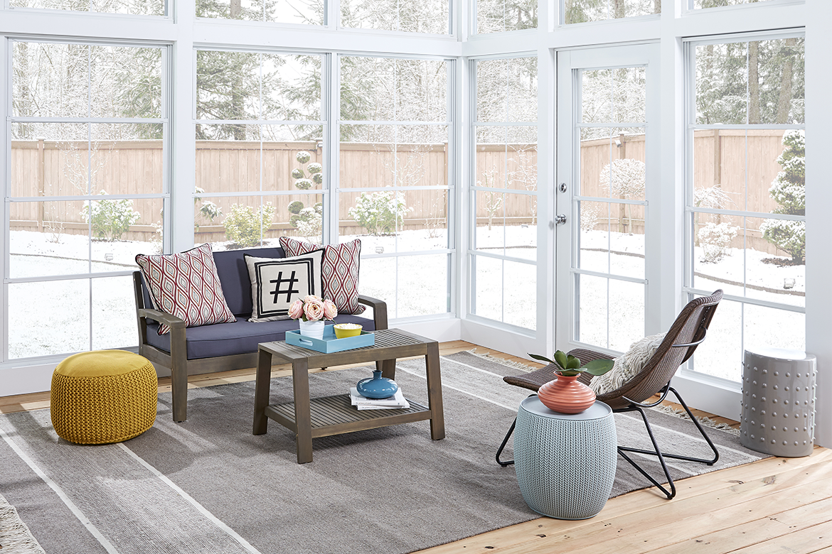 Beautiful winter landscape viewed from a four season sunroom